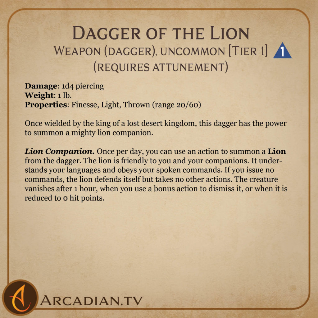 Dagger of the Lion magic item card 2, Tier 1