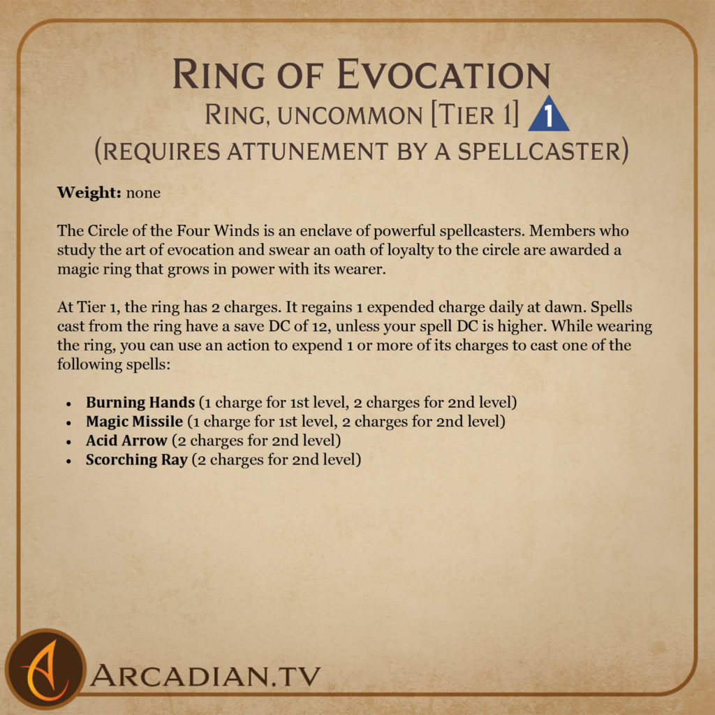 Ring of Evocation magic item card 2, Tier 1