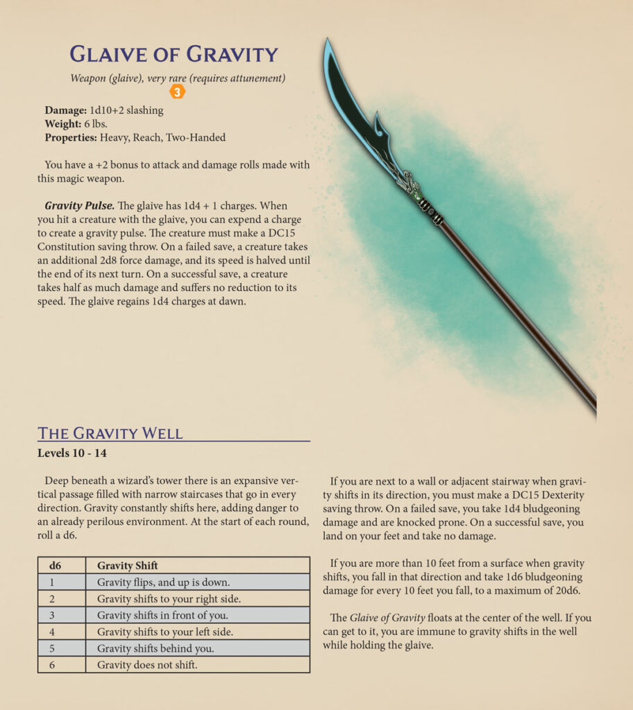 Glaive of Gravity magic item with the Gravity Well adventure