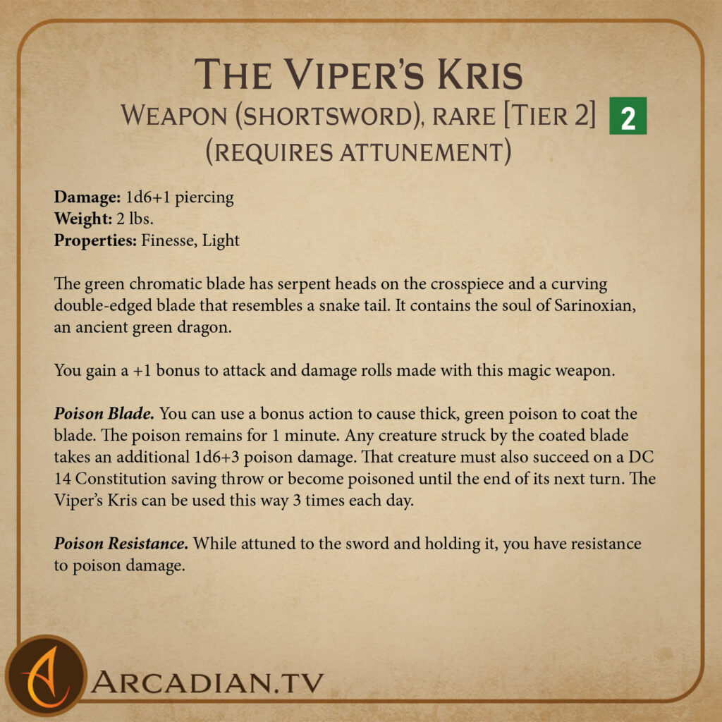 The Viper's Kris magic item card 2