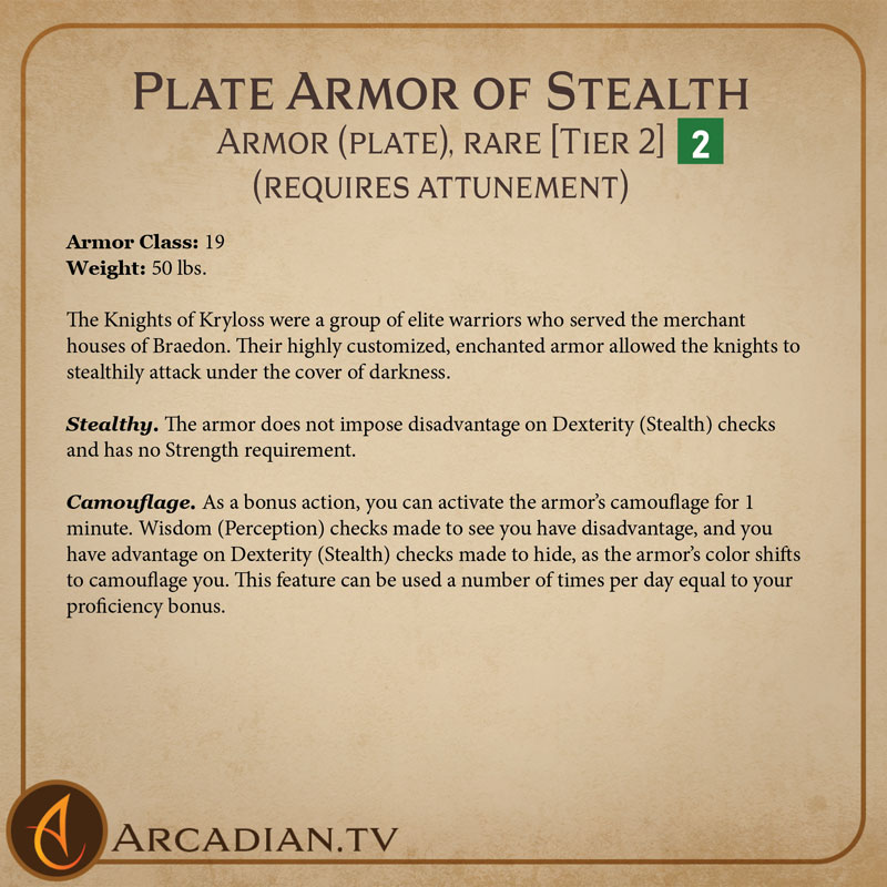 Plate Armor of Stealth magic item card 2