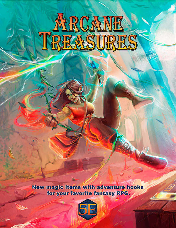 Cover of Arcane Treasures with a female half-orc adventurer wielding a Whip of Lightning